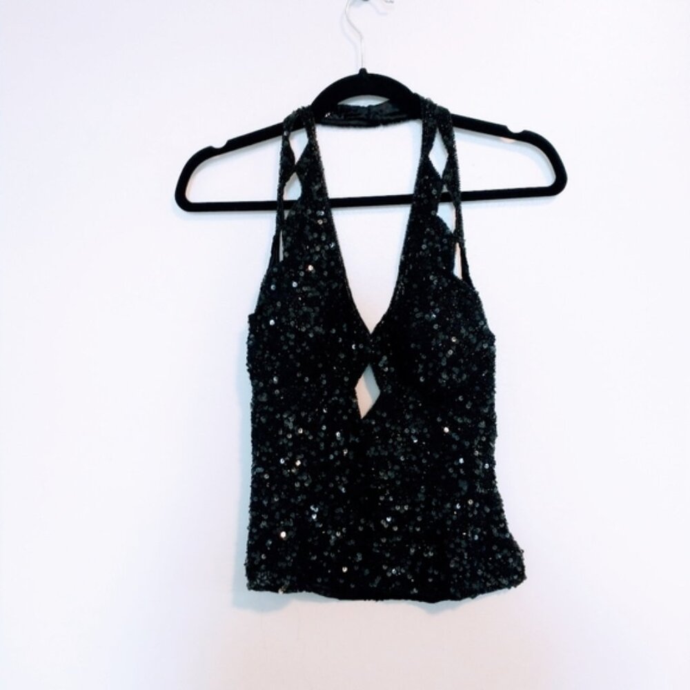 Scala Vintage Sequin Black Top With Halter Strap … - image 1